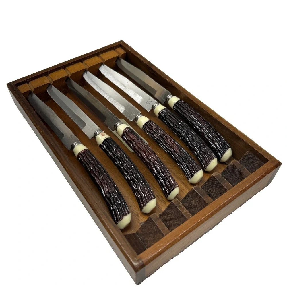Flint Hollow Ground Cutlery Faux Antler Handle Steak Knives Set of 6